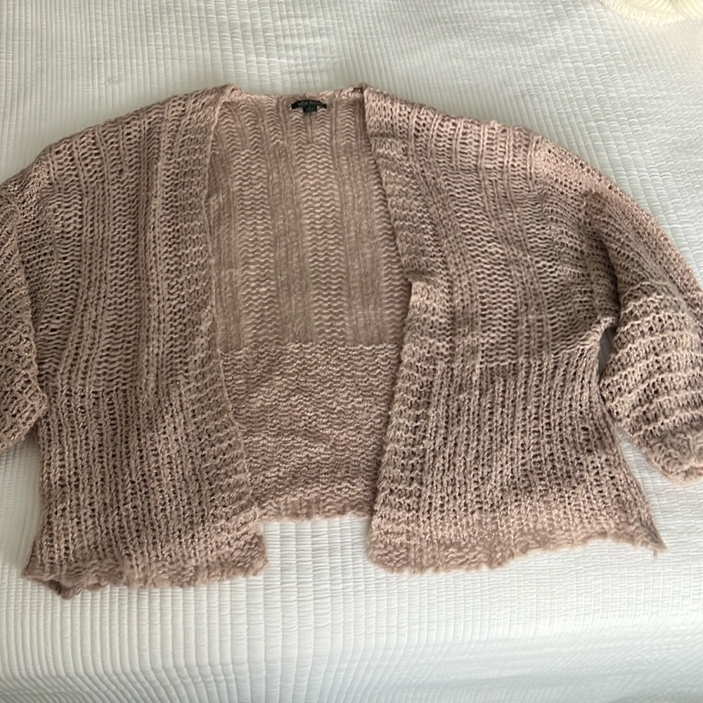 Light lilac cardigan sweater. Great for early spring